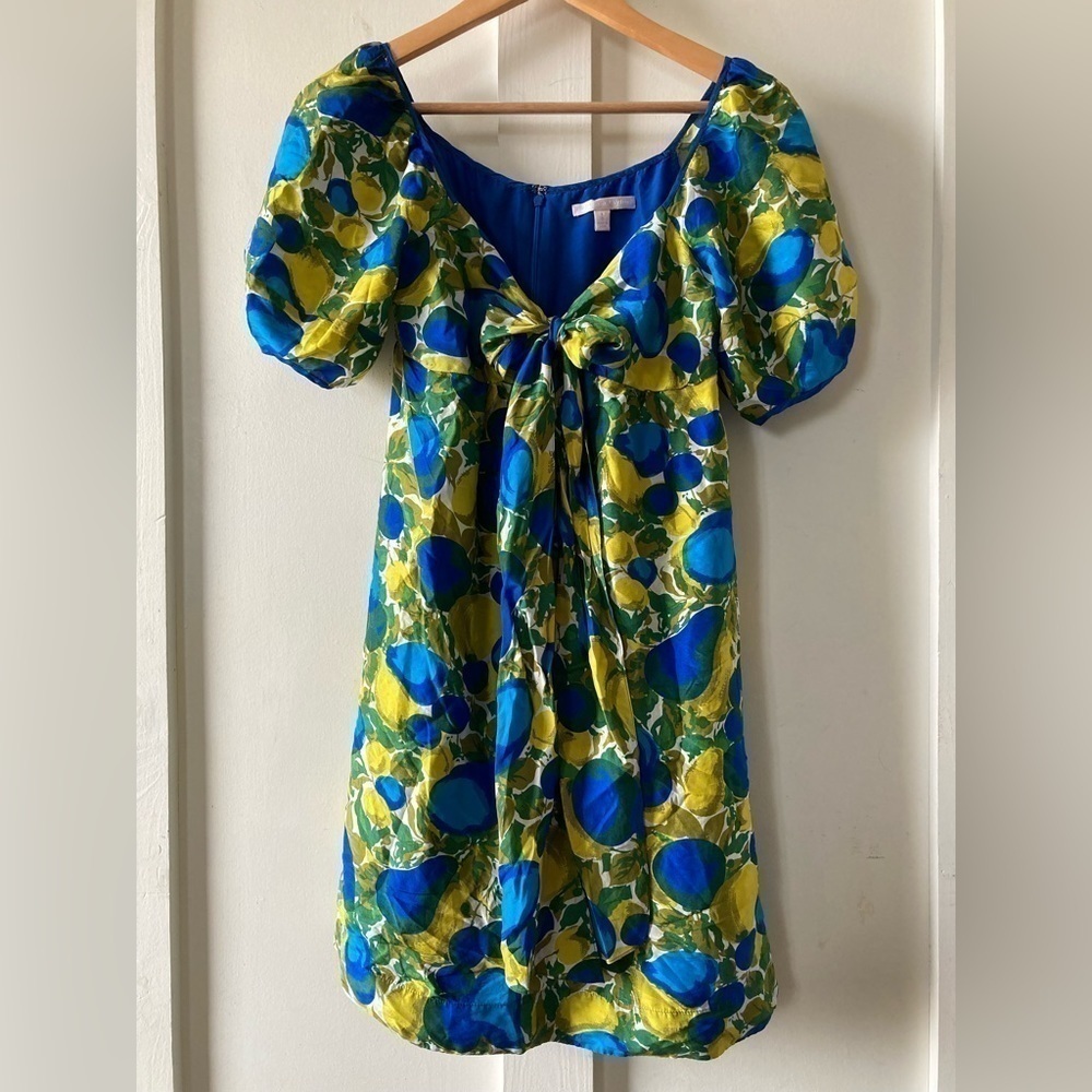 Rebecca taylor 100% silk bright pear fruit print midi dress tie front